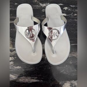 Michael Kors Silver Metallic MK Logo Jelly Thongs